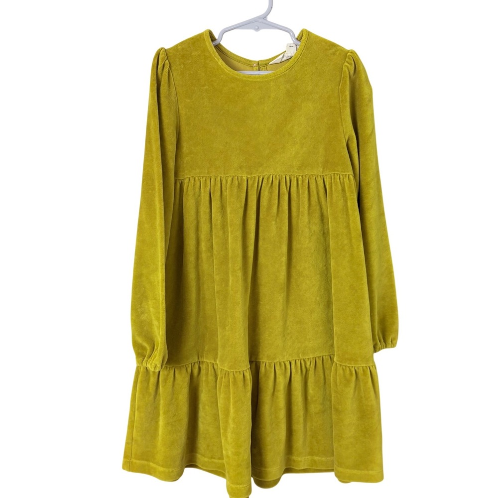 Mini Boden Velour Tiered Dress Kids 7-8Y Chartreuse Yellow Long Sleeve